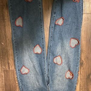 Heart Embroidered Blue Jeans